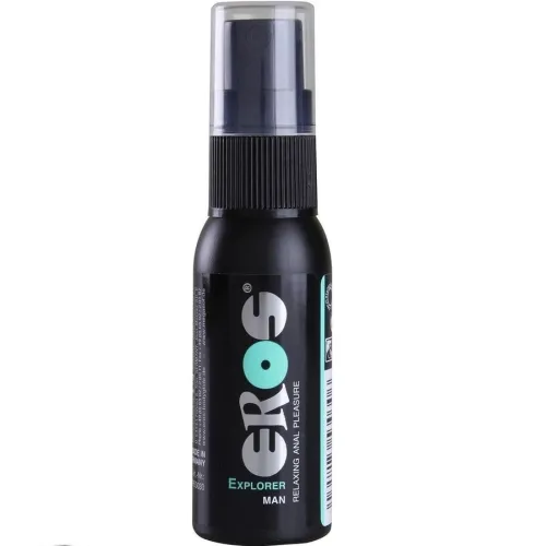 Black bottle labeled "EROS Explorer Man Relaxing Anal Pleasure", spray nozzle on top.