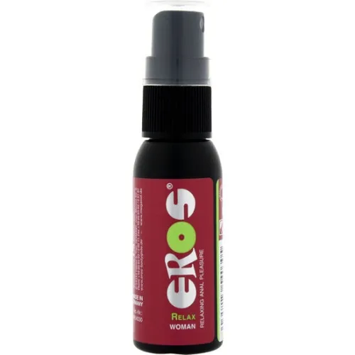 Schwarze Sprühflasche mit rotem Etikett, Aufschrift "EROS Relax Woman".