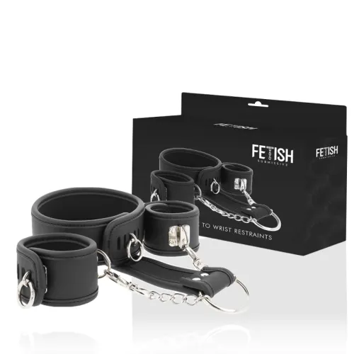 Black handcuffs with chain, packaging in the background, product name "Fetish Submissive".
