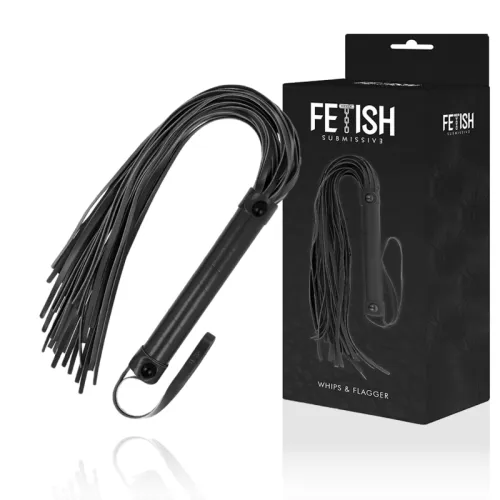 Schwarze Peitsche mit Fransen und Verpackung mit der Aufschrift "Fetish Submissive Whips & Flagger".