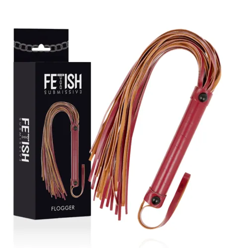 Red flogger with brown straps and black packaging with the inscription "Fetish Submissive".