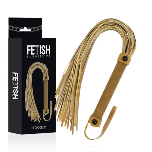 Brauner Flogger mit vielen Riemen, neben einer schwarzen Verpackung mit der Aufschrift "Fetish Submissive".