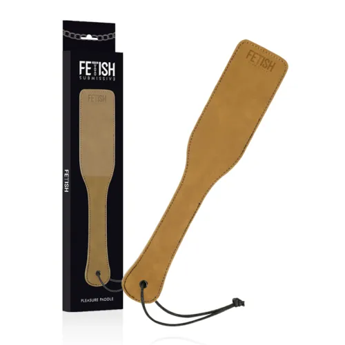 Braune Lederpaddel mit Verpackung, Aufschrift "Fetish Submissive".