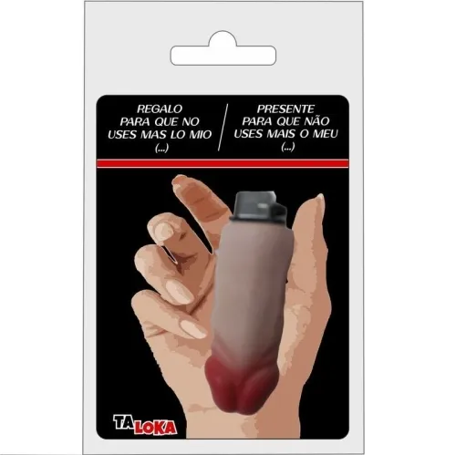 Packaging with a lighter in the shape of a finger, text in Spanish and Portuguese, brand "Ta Loka".