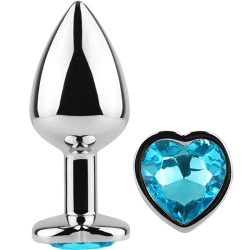 Silver plug with a heart-shaped, blue crystal at the base.