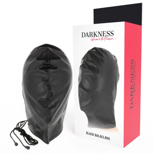 Black leather balaclava with laces, next to a package labeled "Darkness".