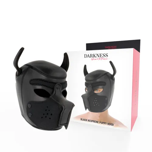 Black neoprene dog mask with ears, next to packaging showing the mask on a head.