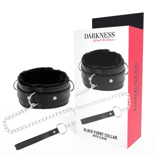 Schwarzes, pelziges Halsband mit Kette und Verpackung mit der Aufschrift "Darkness".