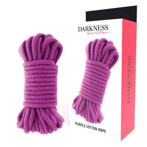 Purple cotton rope in front of packaging labeled "Darkness".