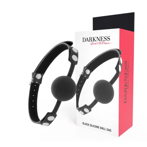 Black silicone gag with adjustable strap, pictured in front of the packaging labeled "Darkness".