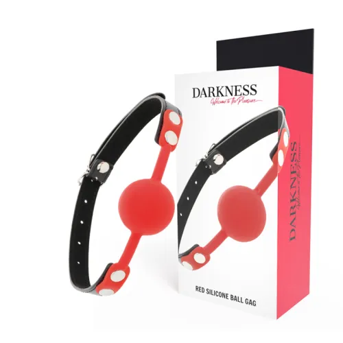 Red silicone gag with black strap, pictured next to the packaging labeled "Darkness".
