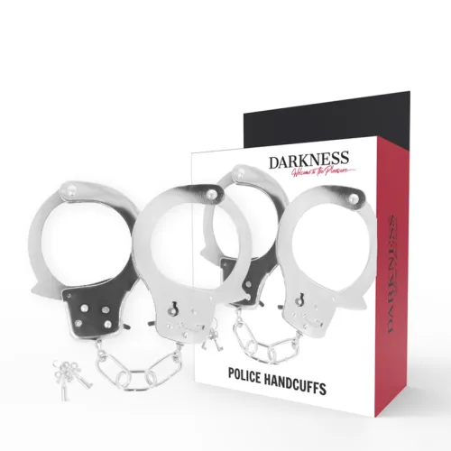 Silberne Handschellen mit Schlüsseln vor einer Verpackung mit der Aufschrift "Darkness Police Handcuffs".