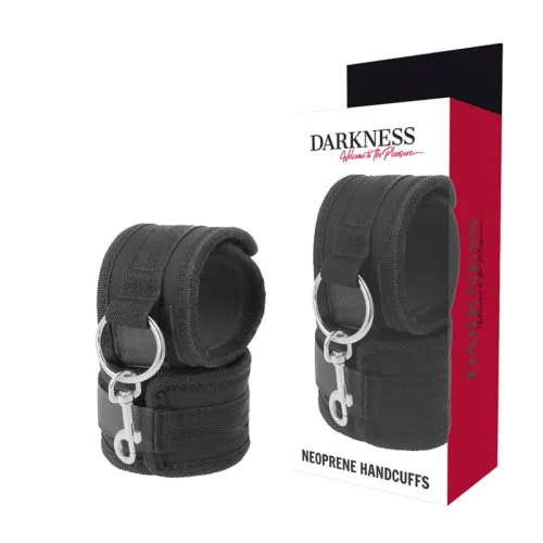 Black neoprene handcuffs with metal rings, packaging with "Darkness" inscription.