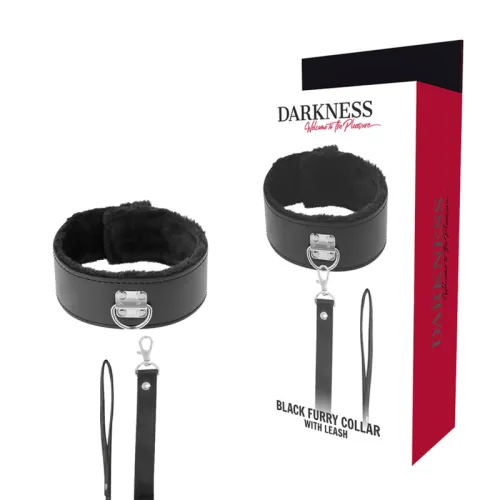 Black, fur-lined collar with leash, packaging with "Darkness" logo and slogan "Welcome to the Pleasure".