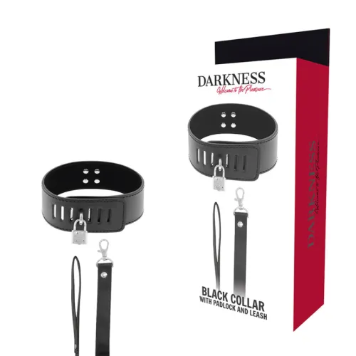 Black collar with padlock and leash, packaging with "Darkness" logo and slogan "Welcome to the Pleasure".