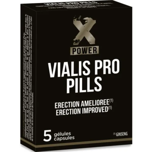 Schwarze Verpackung von Vialis Pro Pills mit 5 Kapseln, verspricht verbesserte Erektion, enthält Ginseng.
