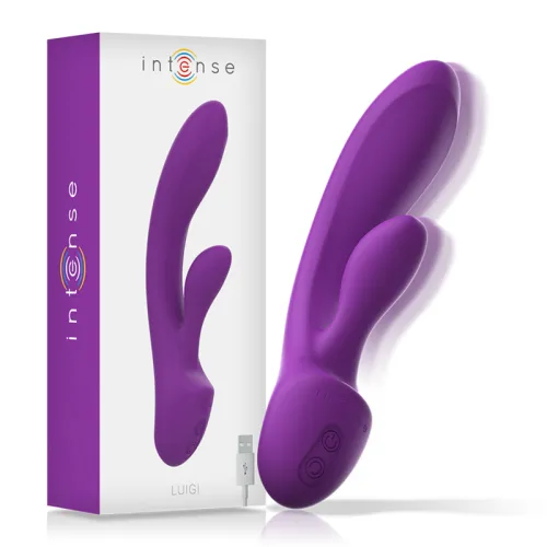 Purple vibrator with packaging and USB cable, product name "Luigi" by Intense.