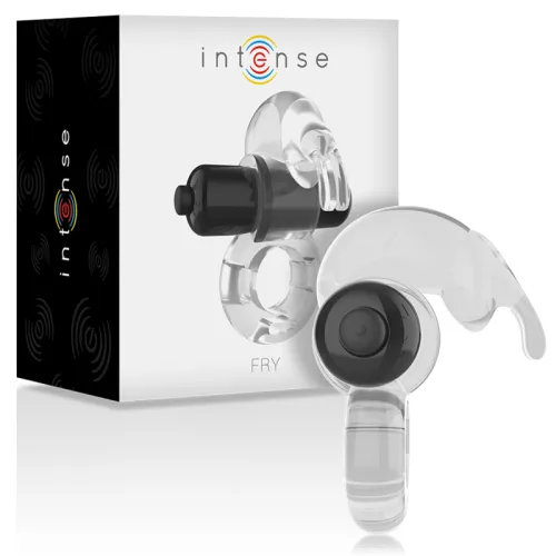Transparent earplug with black insert in front of packaging labeled "intense".