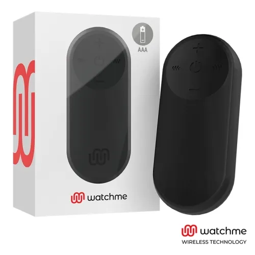 Black device with plus and minus symbols, next to it packaging with "watchme" logo, AAA battery symbol.