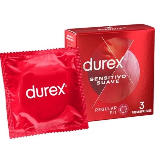 Red Durex packaging with condom, inscription "Sensitivo Suave", Regular Fit, 3 pieces.