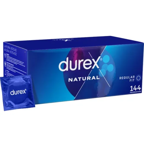 Blaue Durex-Verpackung mit 144 Kondomen, daneben ein einzelnes Kondom in blauer Folie.