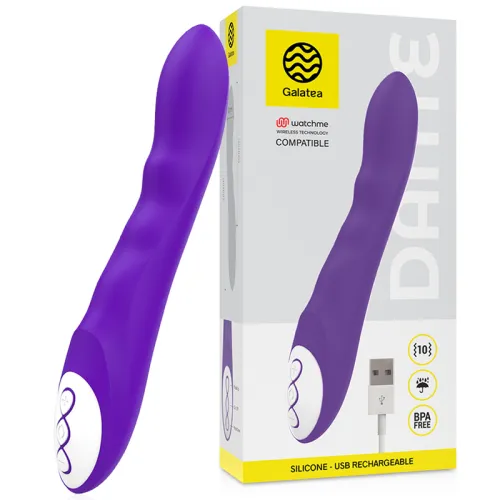 Lila Vibrator neben Verpackung mit USB-Kabel, Galatea-Logo und Produktdetails.