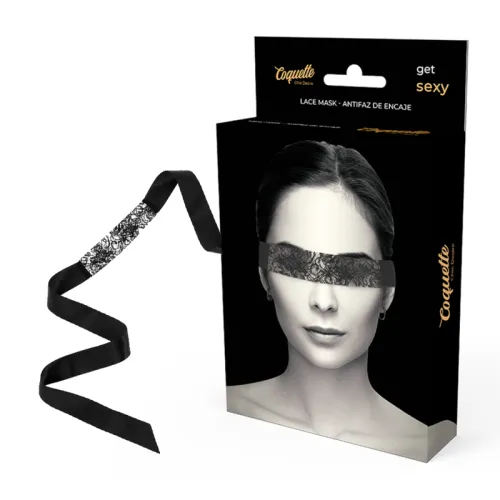 Black packaging containing a lace mask covering a woman's face. Text: "Coquette", "get sexy", "Lace Mask".