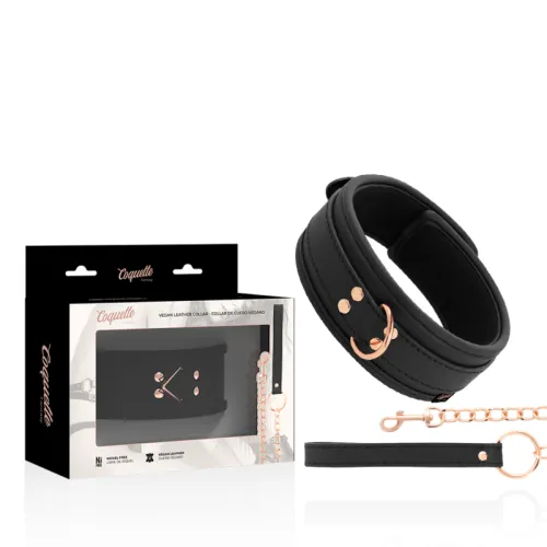 Schwarzes veganes Lederhalsband mit goldenen Details und Kette, neben der Verpackung.