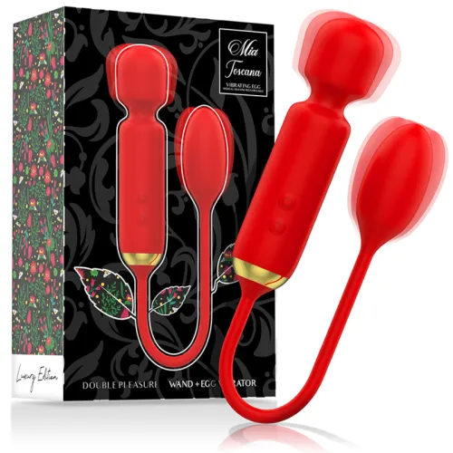 Red vibrator and egg with packaging, floral design, "Mia Toscana" inscription.