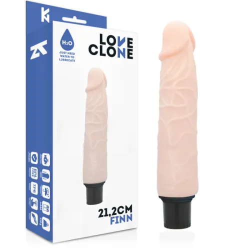 Packaging and product of a skin-colored dildo with the inscription "Love Clone" and "21.2 cm Finn".