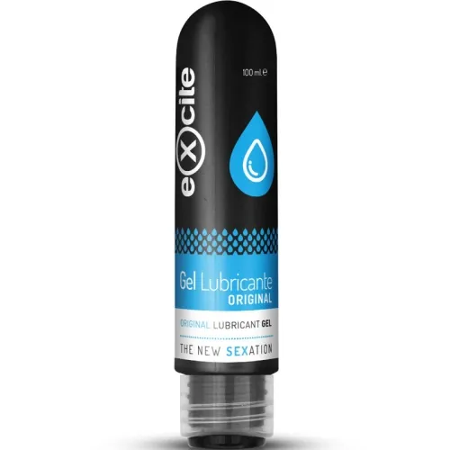 Black and blue tube of lubricant, 100 ml, brand "eXXcite", drop symbol on the packaging.
