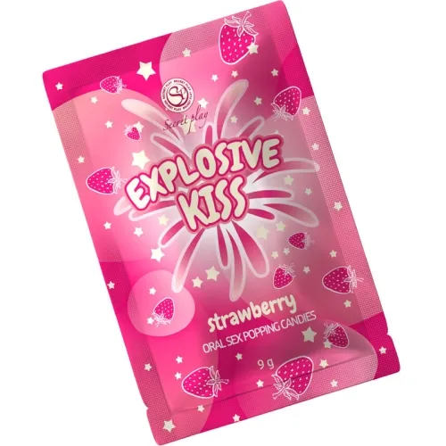 Pink packaging with the inscription "Explosive Kiss", strawberry motif, 9g, party poppers for oral sex.