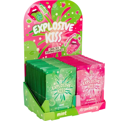 Colorful packaging of "Explosive Kiss" cracker candies in mint and strawberry, presented on a display.