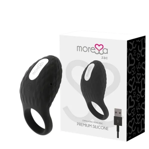 Black silicone penis ring with packaging and USB charging cable, brand "Moresa Zac".