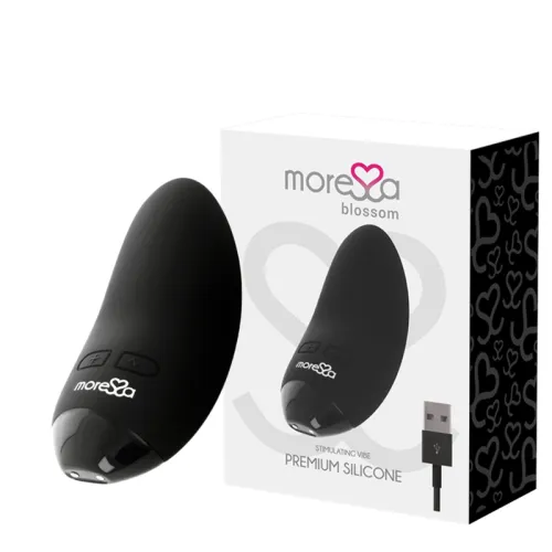 Black silicone vibrator with packaging and USB cable, brand "Moresa Blossom".
