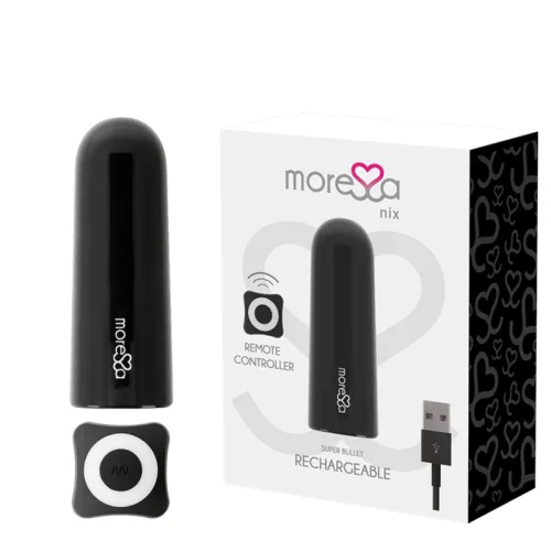 Black rechargeable vibrator with remote control and packaging from "Moresa Nix".