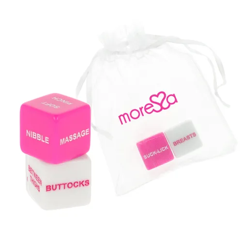 Two dice with erotic instructions and body parts, in a white bag with a "more" logo.
