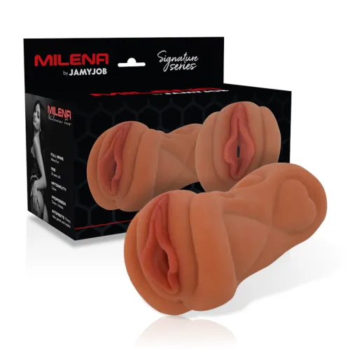 Product packaging with a skin-colored, anatomically shaped silicone object, next to it a black box with red text.