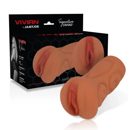 Packaging and product of a masturbator from the brand "Vivian by Jamyjob" from the Signature Series.