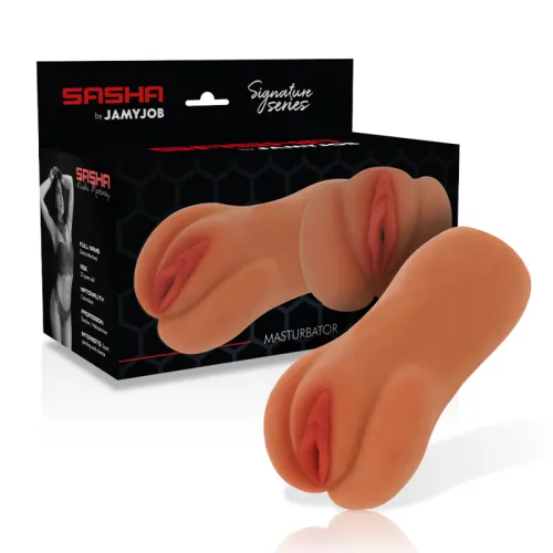 Packaging and product of a Sasha by Jamyjob brand masturbator, Signature Series.