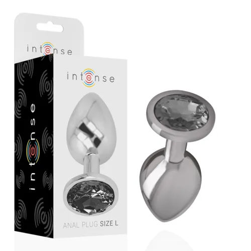 Silver anal plug with gemstone, size L, next to packaging with "intense" logo.