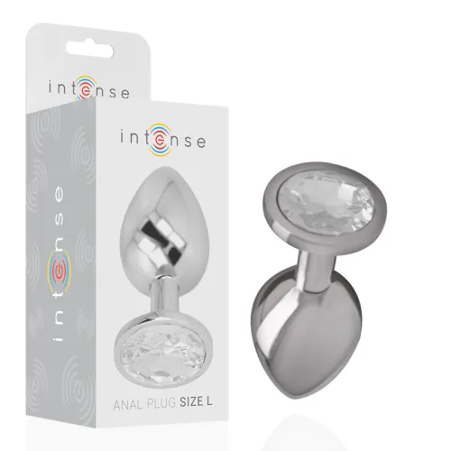 Silver anal plug with crystal, size L, next to packaging with "intense" logo.