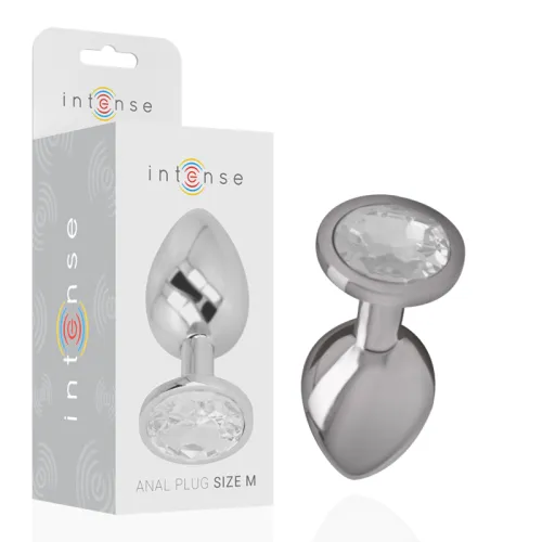 Silver anal plug with crystal, size M, next to packaging with "intense" logo.