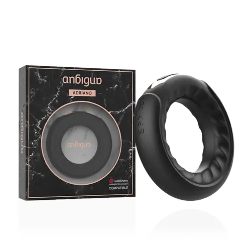 Schwarzer Ring mit Verpackung, Markenname "anbigud" und Modell "Adriano" auf der Box.