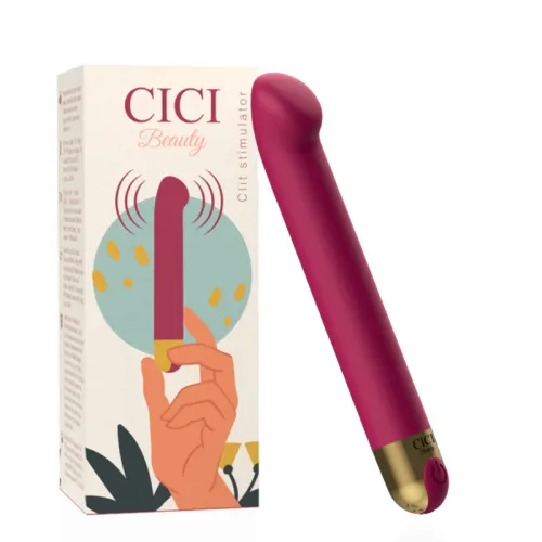Red CICI Beauty clitoral stimulator next to packaging with illustration and product name.
