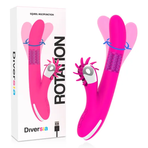 Pink vibrator toy with rotating elements, next to the packaging with USB symbol.