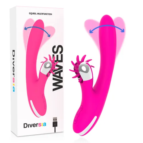 Pink vibrating device with rotating elements, USB port and packaging labeled "Diversia Waves".