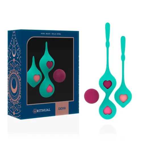 Verpackung und Kegelbälle in Türkis und Pink mit Herzform, Marke "Rithual Deva".
