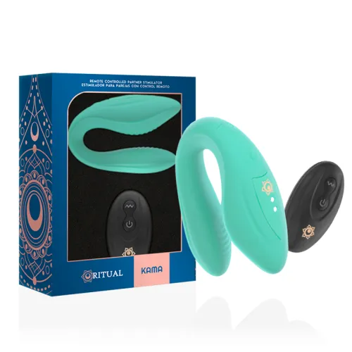 Türkiser Paarvibrator mit Fernbedienung und Verpackung, verziert mit geometrischen Mustern.