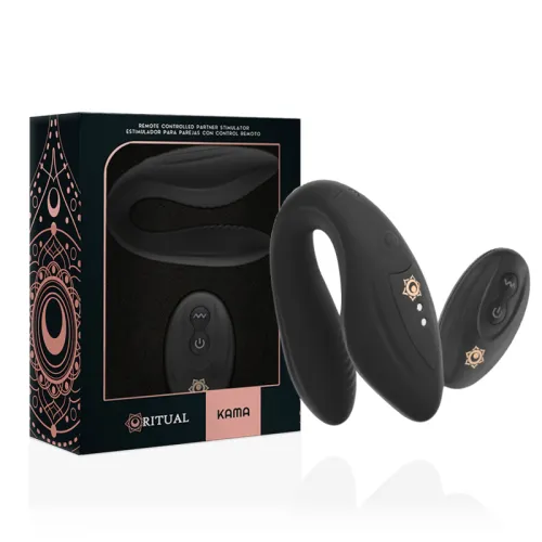 Black, remote-controlled couple's stimulator with packaging, product name "Kama" visible.